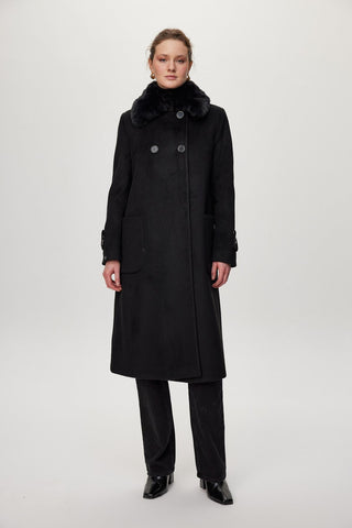 Kürk Yaka Detaylı Cepli Kaşe Siyah Kaban 13853