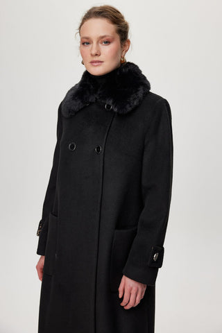 Kürk Yaka Detaylı Cepli Kaşe Siyah Kaban 13853