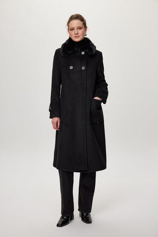 Kürk Yaka Detaylı Cepli Kaşe Siyah Kaban 13853