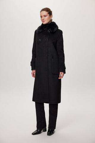 Kürk Yaka Detaylı Cepli Kaşe Siyah Kaban 13853