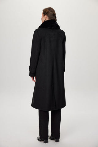 Black Cashmere Coat with Fur Collar Detail and Pockets 13853