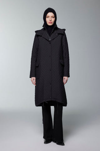 Kapüşonlu Desenli Siyah Mont 13856