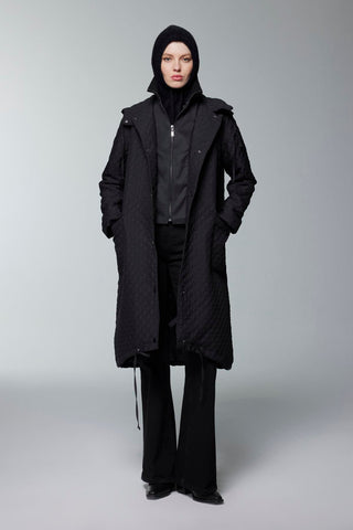 Kapüşonlu Desenli Siyah Mont 13856