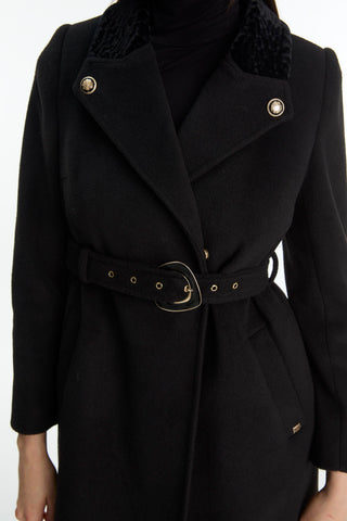 Yaka Detaylı Kemerli Manto Siyah Kaban 13866