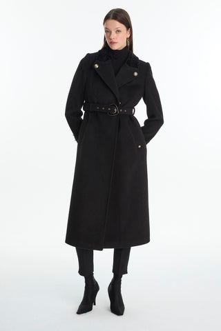 Yaka Detaylı Kemerli Manto Siyah Kaban 13866