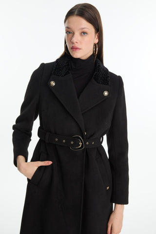 Yaka Detaylı Kemerli Manto Siyah Kaban 13866