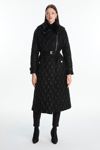 Kürk Yaka Kapitone Siyah Mont 13867