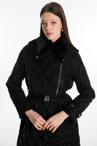 Kürk Yaka Kapitone Siyah Mont 13867