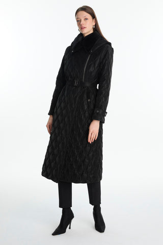 Kürk Yaka Kapitone Siyah Mont 13867