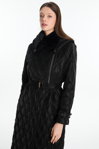 Kürk Yaka Kapitone Siyah Mont 13867