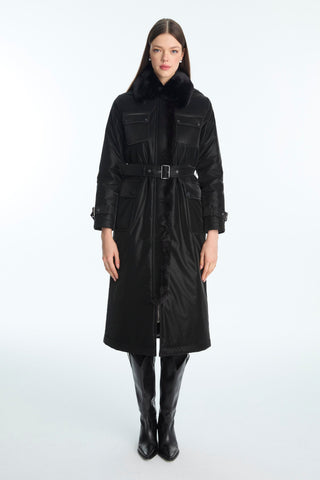 Kürk Yaka Cep Detaylı Kemerli Mont Siyah Kaban 13868