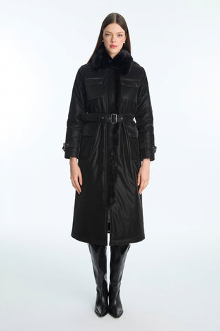 Kürk Yaka Cep Detaylı Kemerli