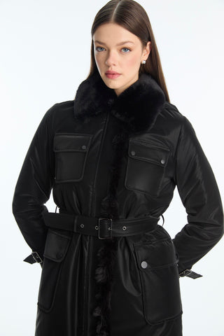 Kürk Yaka Cep Detaylı Kemerli Mont Siyah Kaban 13868