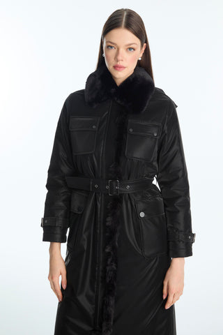 Kürk Yaka Cep Detaylı Kemerli Mont Siyah Kaban 13868