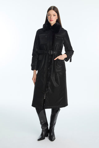 Kürk Yaka Cep Detaylı Kemerli Mont Siyah Kaban 13868