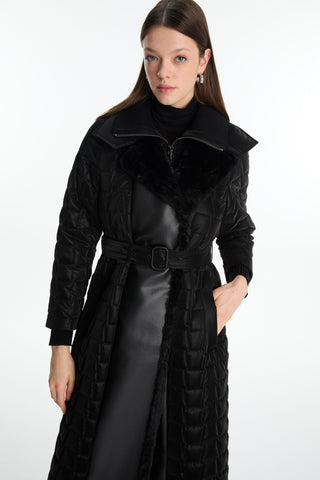Kürk Detaylı Kemerli Kapitone Mont Siyah Mont 13869