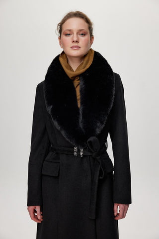 Kürk Yaka Cep Ve Kemer Detaylı Kaban Siyah Kaban 13886