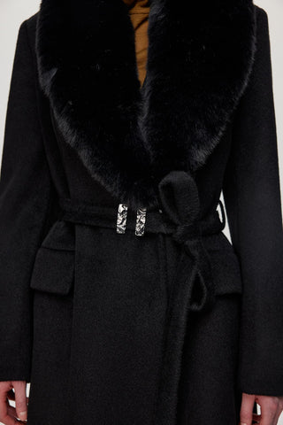 Kürk Yaka Cep Ve Kemer Detaylı Kaban Siyah Kaban 13886