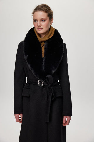 Kürk Yaka Cep Ve Kemer Detaylı Kaban Siyah Kaban 13886