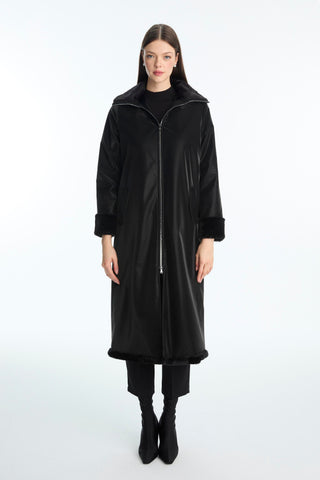 Kürk Detaylı Fermuarlı Siyah Kaban 13899