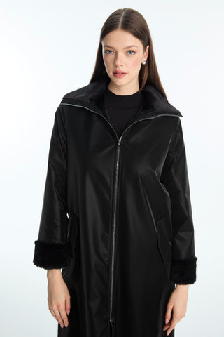 Kürk Detaylı Fermuarlı Siyah Kaban 13899