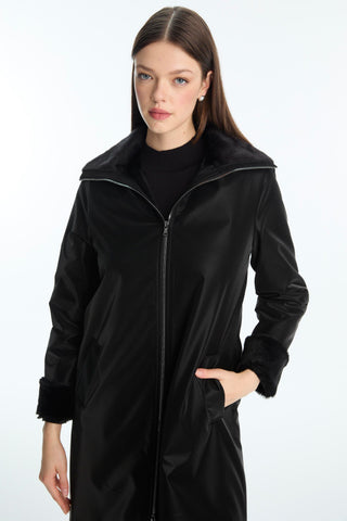 Kürk Detaylı Fermuarlı Siyah Kaban 13899