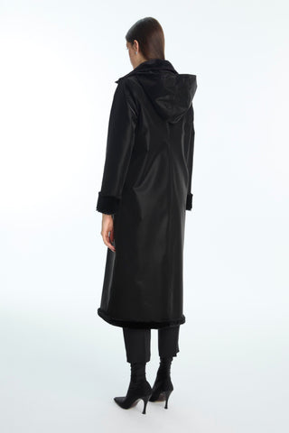 Black Coat with Fur Detail and Zipper Closure 13899