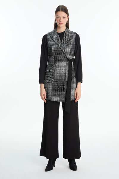 Tweed Desenli Kuşak Detaylı Ikili Siyah Takım 1389