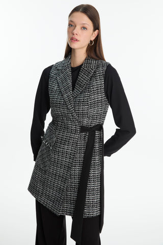 Tweed Patterned Black Two-Piece Set with Belt Detail 1389
