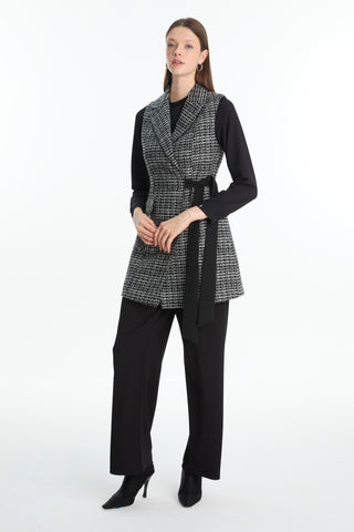 Tweed Patterned Black Two-Piece Set with Belt Detail 1389