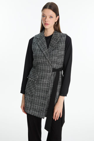 Tweed Patterned Black Two-Piece Set with Belt Detail 1389