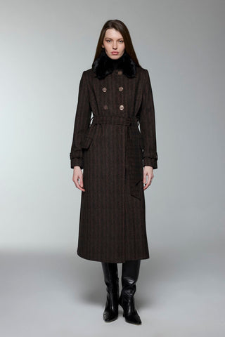 Kürk Yaka Cep Detaylı Manto Kahve Kaban 13902