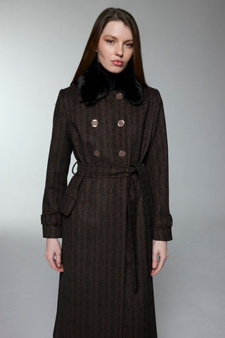 Kürk Yaka Cep Detaylı Manto Kahve Kaban 13902