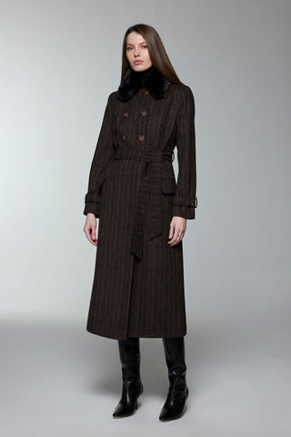 Kürk Yaka Cep Detaylı Manto Kahve Kaban 13902