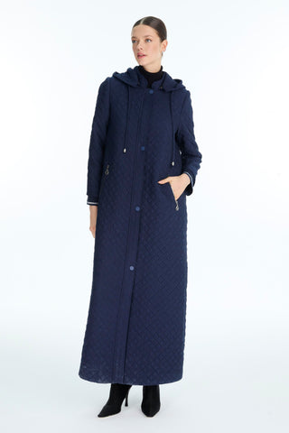 Patterned Hooded Trench Coat Navy Blue Trench Coat 13920