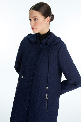 Patterned Hooded Trench Coat Navy Blue Trench Coat 13920
