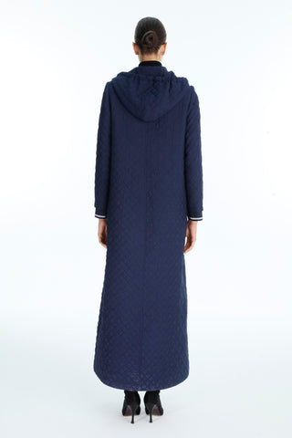 Patterned Hooded Trench Coat Navy Blue Trench Coat 13920