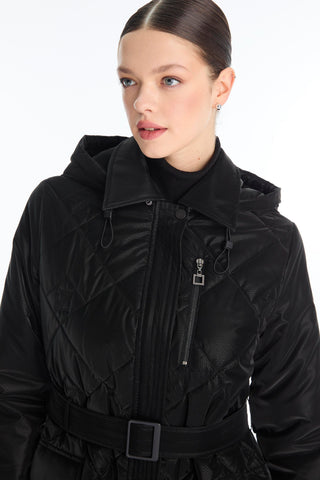 Kapüşonlu Kemerli Mont Siyah Mont 13936