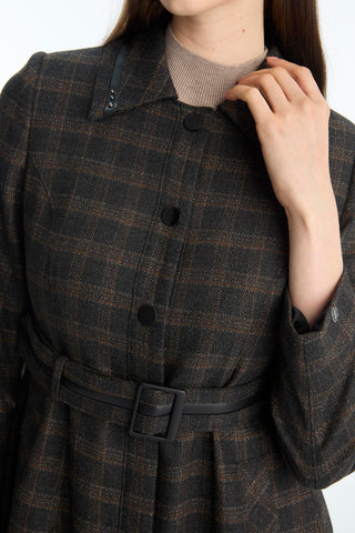 Plaid Patterned Trench Coat with Belt Detail, Black Trench Coat 13951