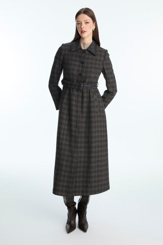 Plaid Patterned Trench Coat with Belt Detail, Black Trench Coat 13951