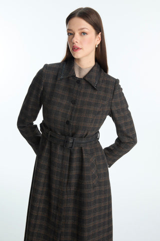 Plaid Patterned Trench Coat with Belt Detail, Black Trench Coat 13951