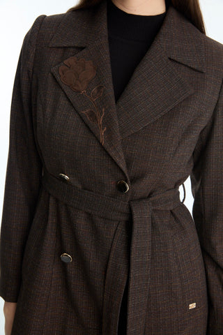 Gül Desen Detaylı Pardesü Kahve Pardesü 13957