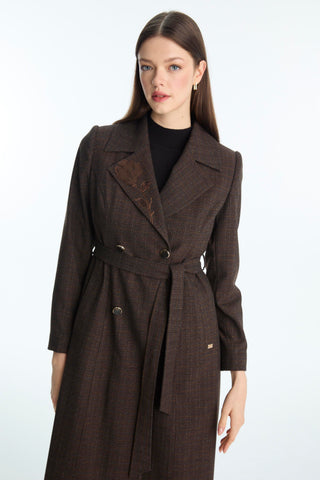 Gül Desen Detaylı Pardesü Kahve Pardesü 13957