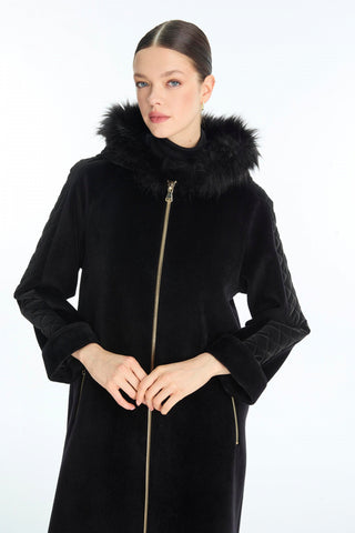Kürk Kapüşonlu Fermuarlı Manto