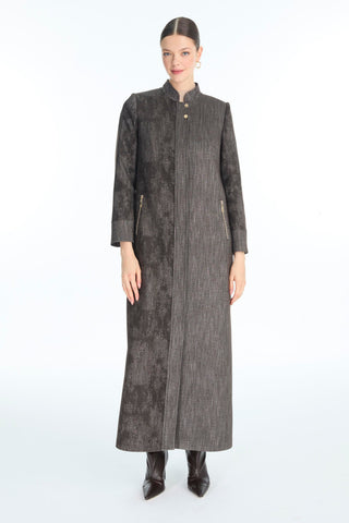 Mandarin Collar Patterned Coffee Brown Trench Coat 13972