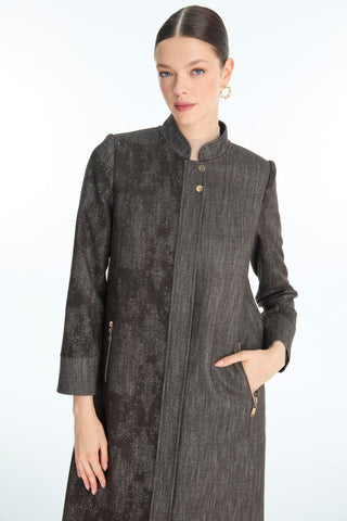 Mandarin Collar Patterned Coffee Brown Trench Coat 13972