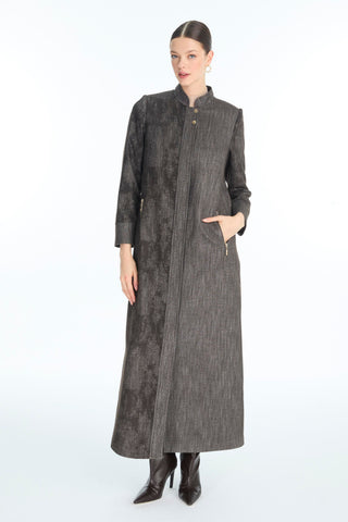 Mandarin Collar Patterned Coffee Brown Trench Coat 13972