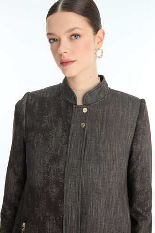 Mandarin Collar Patterned Coffee Brown Trench Coat 13972