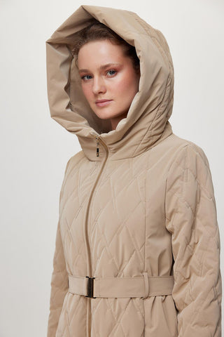 Kapüşonlu Kemer Detaylı Kapitone Mont Bej Mont 13973