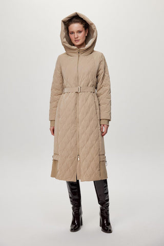 Kapüşonlu Kemer Detaylı Kapitone Mont Bej Mont 13973